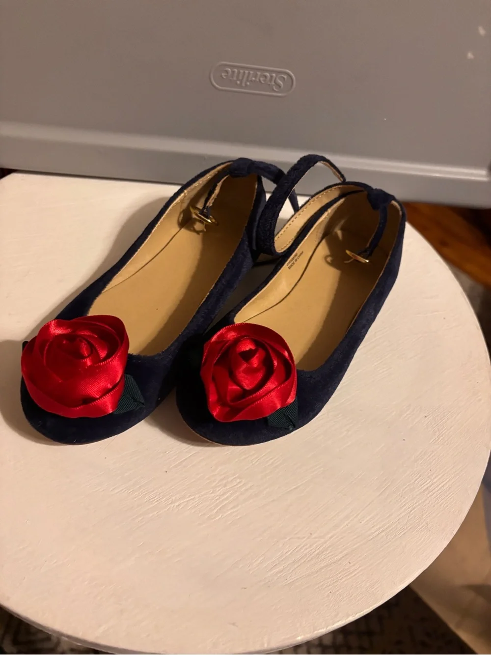 Navy Navy Suede Flats with Red Satin Rose Accent